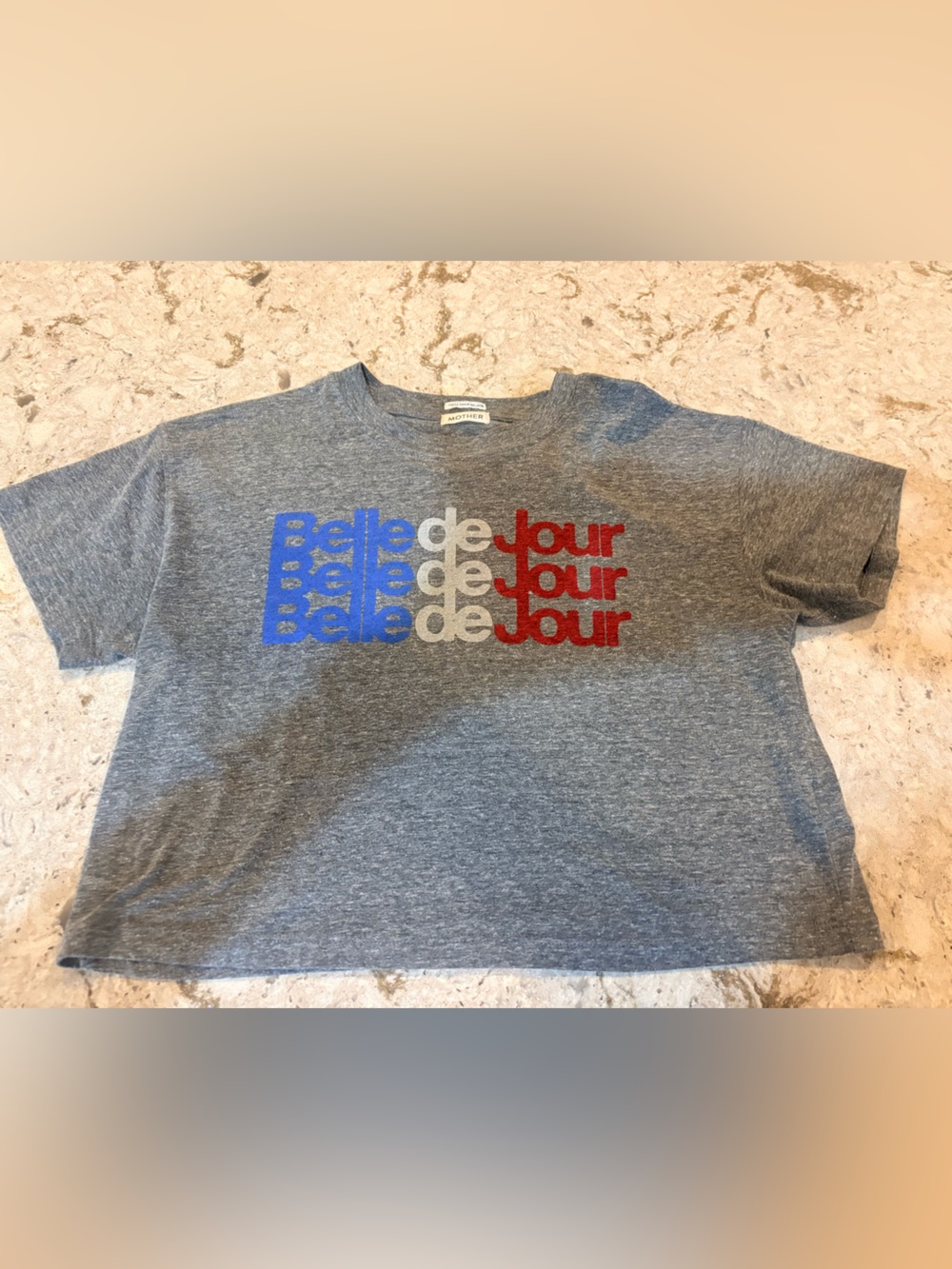 MOTHER Gray crop Tee with Blue, White & Red Graphic Sz small